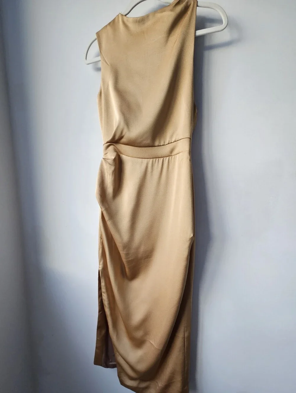 Friend Of Audrey Australia Gold Rouched Satin Asymmetric Sleeveless Midi Dress